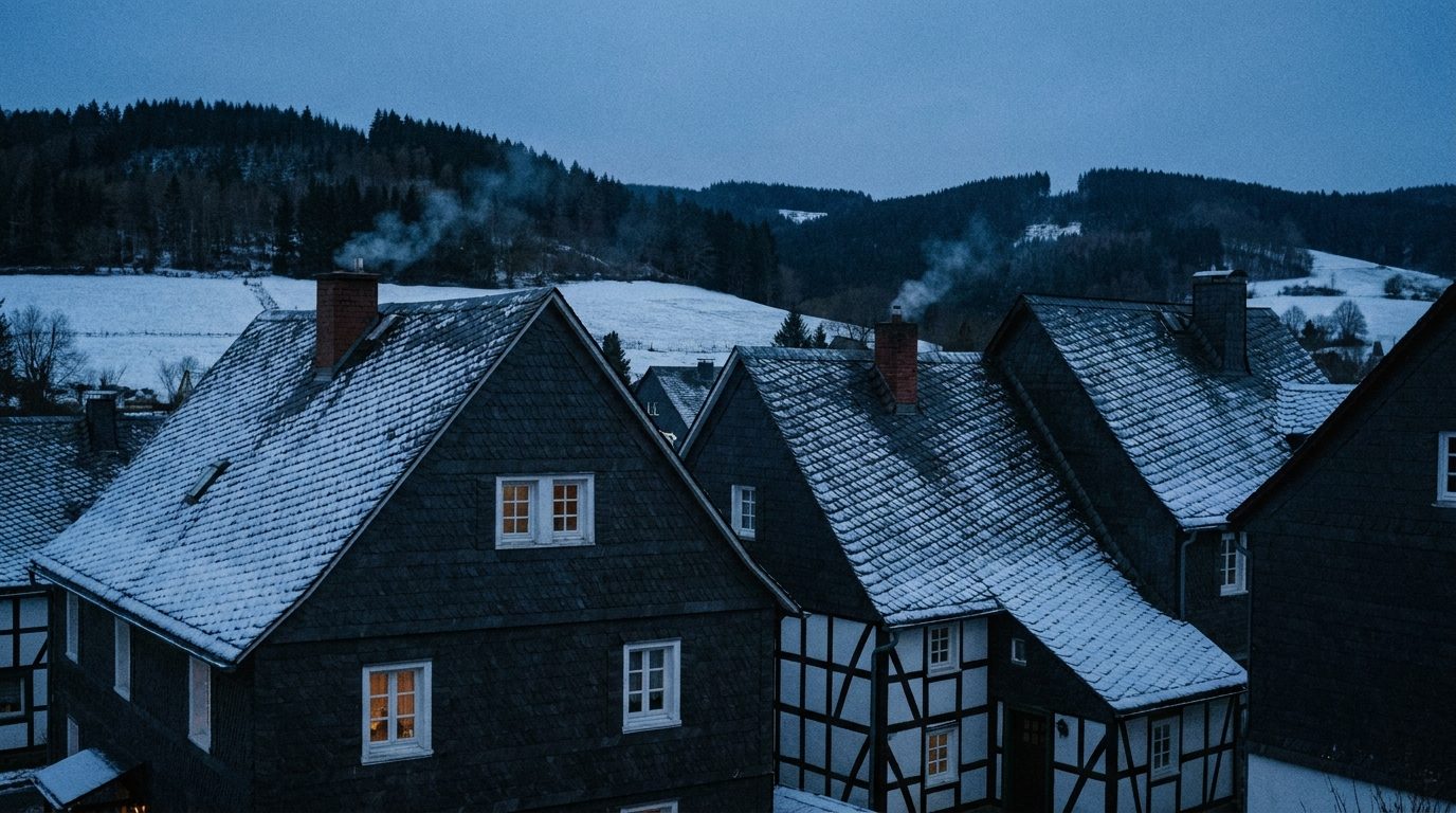 Schieferhäuser und Fachwerk in einem Dorf im Hochsauerland in der Winterdämmerung, Rauch steigt aus zwei Schornsteinen