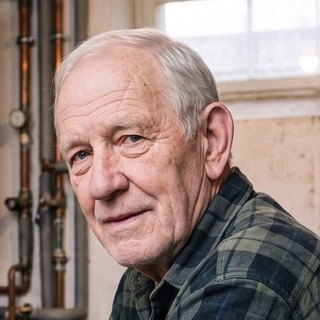 Manfred Kötter in seinem Heizungskeller, eine mit KI gestaltete Erzählfigur