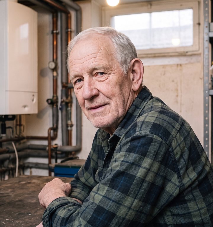 Manfred Kötter an seiner Werkbank neben dem Heizungskeller, eine mit KI erzeugte Erzählfigur